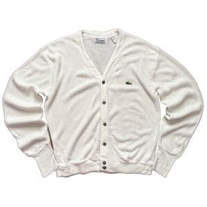 Vintage 80s Mens Izod Lacoste Cardigan Sweater Size L Ivory White Orlon Acrylic